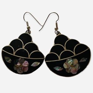 Sterling Silver Enamel Inlay Vintage Floral Black and Silver Earrings